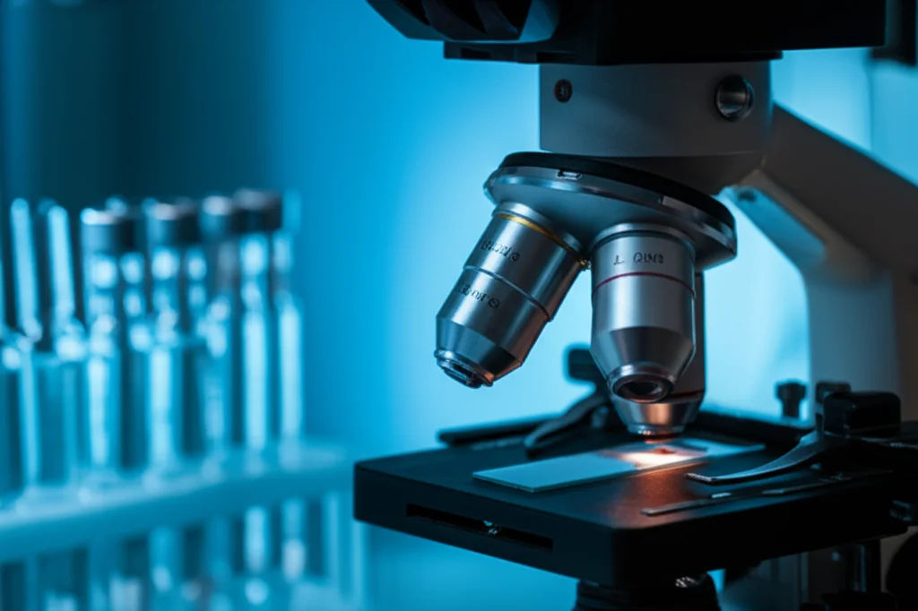 A close-up, high detail shot of medical vials and a microscope slide under controlled lighting, suggesting laboratory analysis of cerebrospinal fluid.