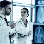Due medici, un uomo e una donna, in camice bianco, discutono animatamente davanti a schermi che mostrano immagini comparative di risonanza magnetica cardiaca ed ecocardiogramma transtoracico. L'ambiente è un moderno laboratorio di diagnostica per immagini. Obiettivo prime 35mm, effetto duotone blu e grigio per un'atmosfera clinica ma dinamica, profondità di campo che sfoca leggermente lo sfondo per concentrarsi sui medici e sugli schermi.