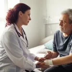 Fotografia di ritratto toccante: un caregiver di mezza età, con segni di stanchezza sul volto ma uno sguardo compassionevole, siede accanto al letto di un paziente anziano sopravvissuto a ictus, tenendogli delicatamente la mano. La luce naturale entra da una finestra, creando un'atmosfera intima e realistica. Obiettivo 35mm, profondità di campo che sfoca leggermente lo sfondo della stanza d'ospedale.