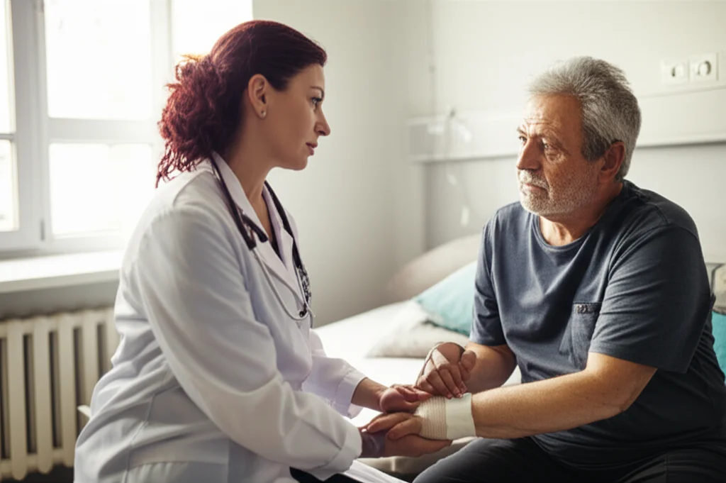 Fotografia di ritratto toccante: un caregiver di mezza età, con segni di stanchezza sul volto ma uno sguardo compassionevole, siede accanto al letto di un paziente anziano sopravvissuto a ictus, tenendogli delicatamente la mano. La luce naturale entra da una finestra, creando un'atmosfera intima e realistica. Obiettivo 35mm, profondità di campo che sfoca leggermente lo sfondo della stanza d'ospedale.