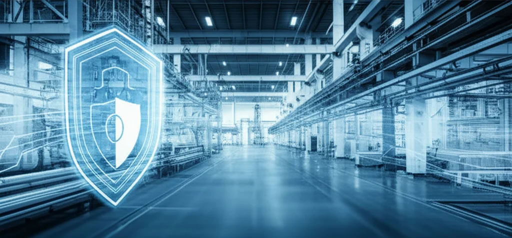 Immagine fotorealistica di un moderno impianto industriale Industry 4.0, con flussi di dati digitali che lo attraversano e uno scudo protettivo cibernetico luminoso che simboleggia il sistema ABIDS-VEM. Obiettivo prime, 35mm, profondità di campo, duotone blu e argento high-tech.