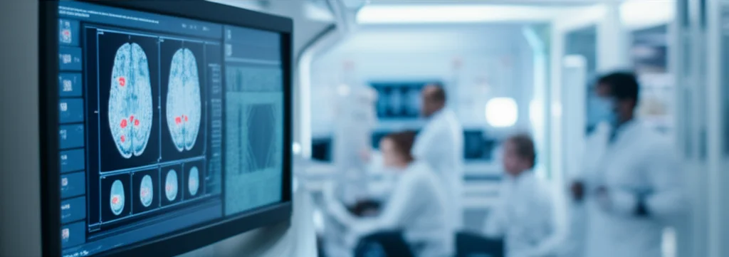 Immagine fotorealistica, lente da 24 mm ad angolo largo, catturando una scena piena di speranza in un laboratorio di ricerca oncologica futuristica e futuristica. Concentrati sulla tecnologia di imaging cerebrale avanzata che mostra scansioni con marcatori tumorali ridotti, i ricercatori nei cappotti di laboratorio che collaborano nelle vicinanze, la profondità di campo che sfocano sullo sfondo leggermente, l'illuminazione ottimistica e ottimistica.