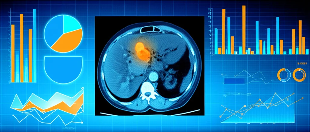 Immagine medica astratta che mostra una scansione TC del fegato con evidenziazione di un tumore trattato con TACE, sovrapposta a grafici di dati statistici, wide-angle 20mm, messa a fuoco nitida sulla scansione, colori blu e arancione duotone.
