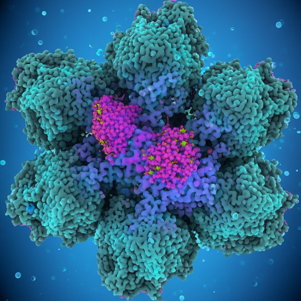 Lenti macro, 85 mm, dettagli elevati, illuminazione controllata, un rendering 3D stilizzato della struttura della proteina alfa-klotho sovrapposta sottilmente su uno sfondo che mostra cellule renali sane e deboli elementi di monitoraggio della glicemia, che simboleggiano il suo ruolo nella malattia renale diabetica.