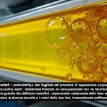 Macro lens, 100mm, high detail, controlled lighting: Una visualizzazione dinamica e dettagliata del processo di separazione acqua-olio all'interno di un separatore con deflettori. Goccioline d'olio, visibilmente influenzate da nanoparticelle che ne favoriscono l'aggregazione, vengono guidate dai deflettori metallici, separandosi nettamente dalla fase acquosa. L'illuminazione accentua la diversa densità e i colori delle due fasi, trasmettendo l'efficienza della tecnologia.