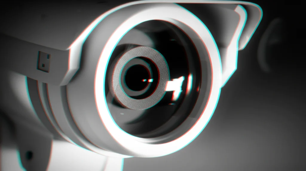 Primo piano di un occhio di una telecamera di sorveglianza con un riflesso digitale distorto o glitchato che simboleggia un attacco avversario, dettagli nitidi sull'obiettivo, profondità di campo ridotta, obiettivo prime 50mm, stile cinematografico noir, bianco e nero con accenti rossi per il glitch.