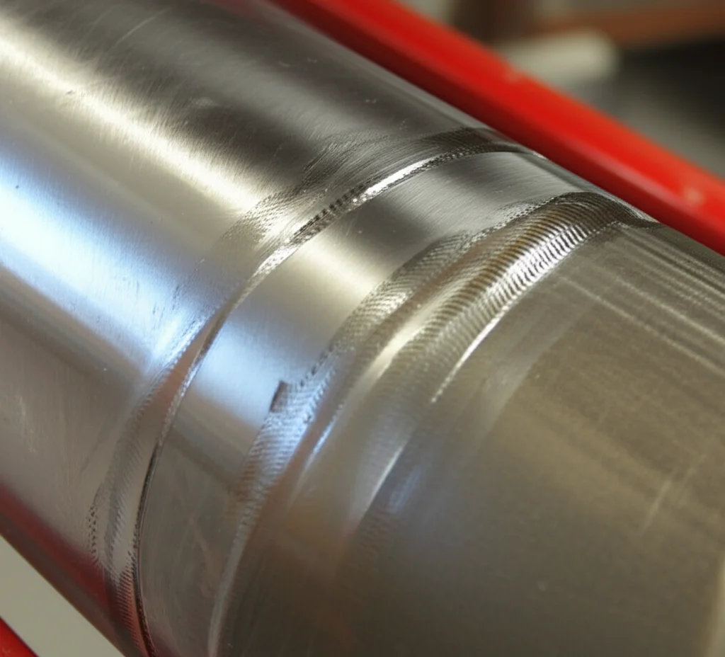 Primo piano di una giunzione tra due tubi di acciaio per oleodotto realizzata con saldatura meccanica allo stato solido. Dettaglio macro con focale 100mm, illuminazione controllata che evidenzia la finitura metallica e la zona di contatto ad alta pressione. Alta definizione, messa a fuoco precisa.