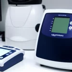 Primo piano di uno spirometro portatile moderno e compatto affiancato a un più grande e tradizionale spirometro da laboratorio in un ambiente clinico. Obiettivo macro 80mm, alta definizione per mostrare i dettagli dei due dispositivi, illuminazione da studio controllata per enfatizzare le differenze di design e tecnologia.