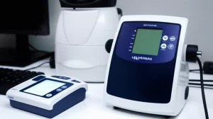 Primo piano di uno spirometro portatile moderno e compatto affiancato a un più grande e tradizionale spirometro da laboratorio in un ambiente clinico. Obiettivo macro 80mm, alta definizione per mostrare i dettagli dei due dispositivi, illuminazione da studio controllata per enfatizzare le differenze di design e tecnologia.
