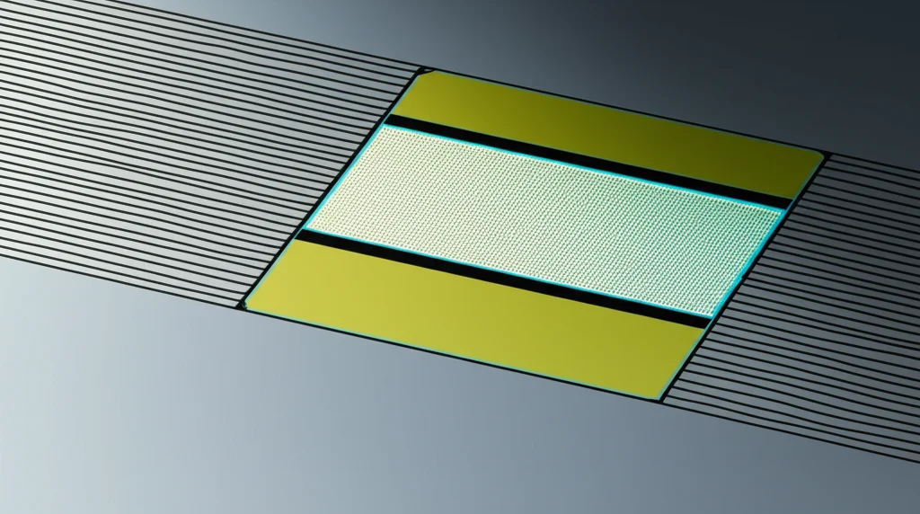 Primo piano fotorealistico di un chip fotonico integrato su un wafer di silicio, mostrando la transizione netta tra la guida d'onda in nitruro di silicio (SiN) e il modulatore Ge/SiGe. Illuminazione laterale drammatica che evidenzia le microstrutture e la superficie del chip. Obiettivo macro 85mm, alta definizione, messa a fuoco selettiva sull'interfaccia SiN/SiGe, profondità di campo ridotta.