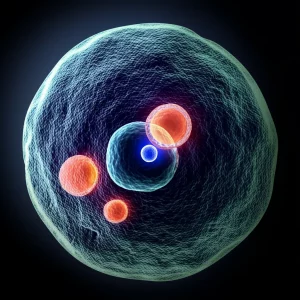 Primo piano fotorealistico di un oocita di topo al microscopio, con dettagli cellulari e strutture interne come il nucleo e i mitocondri finemente illuminati, che simboleggia l'inizio della vita e la complessità della regolazione genica. Obiettivo macro 105mm, alta definizione, illuminazione da studio controllata per evidenziare le texture.
