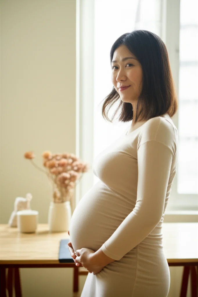 Ritratto fotografico di una donna incinta sudcoreana che sorride serenamente, toccandosi il pancione, in un ambiente domestico luminoso e accogliente. Obiettivo da 35mm, profondità di campo, toni caldi e naturali per trasmettere speranza e benessere materno.
