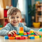 Un bambino in età prescolare sorridente gioca con cubi colorati su un tavolo luminoso, simboleggiando lo sviluppo cognitivo e le funzioni esecutive. Fotografia ritratto, obiettivo da 35mm, duotone blu e giallo vivace, profondità di campo che mette a fuoco il bambino e sfuma leggermente lo sfondo di una stanza giochi accogliente.