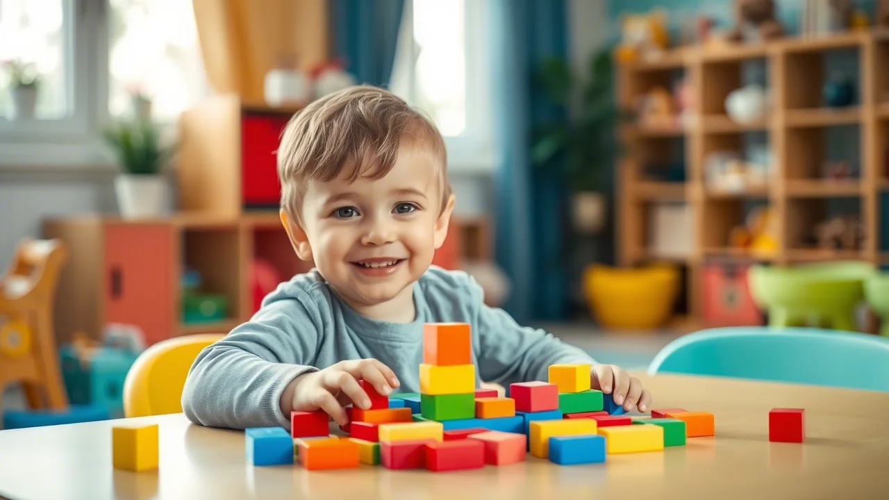 Un bambino in età prescolare sorridente gioca con cubi colorati su un tavolo luminoso, simboleggiando lo sviluppo cognitivo e le funzioni esecutive. Fotografia ritratto, obiettivo da 35mm, duotone blu e giallo vivace, profondità di campo che mette a fuoco il bambino e sfuma leggermente lo sfondo di una stanza giochi accogliente.