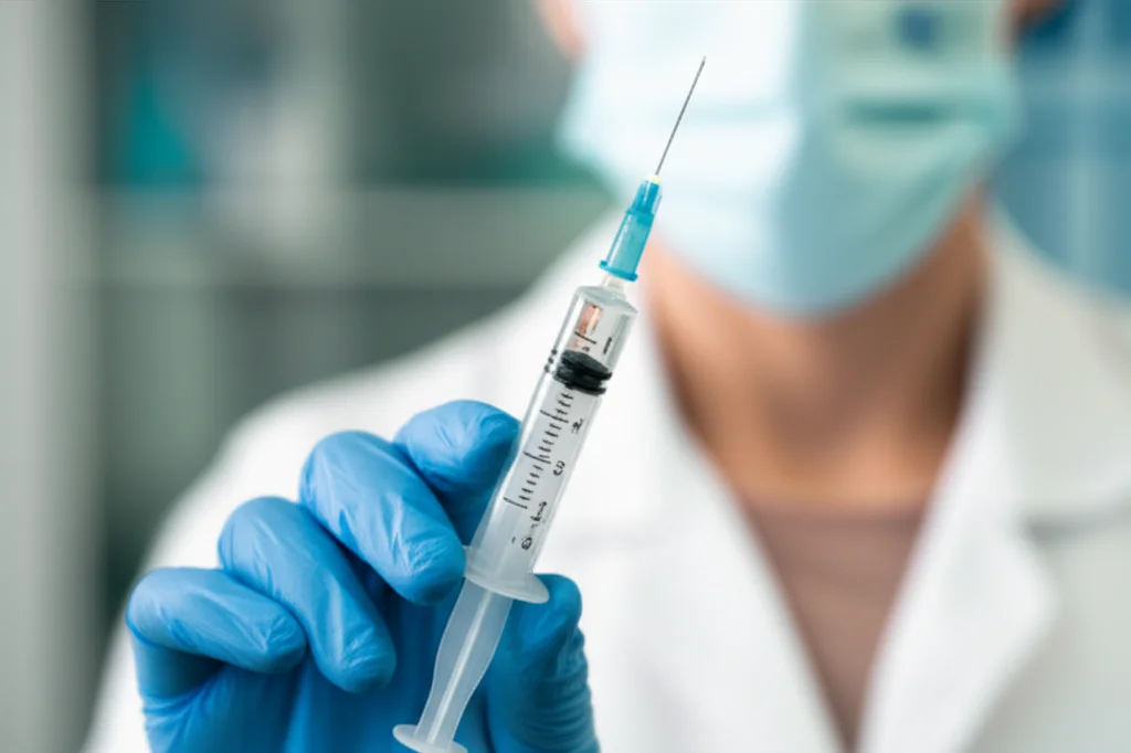 Un primo piano di una siringa con vaccino tenuta da una mano guantata, sfondo sfocato di un ambiente medico. Macro lens, 100mm, high detail, precise focusing, controlled lighting.