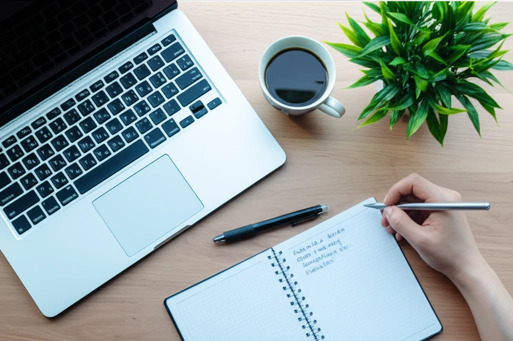 Una scrivania ordinata con un laptop aperto su un testo, un quaderno con appunti scritti a mano, una tazza di caffè e una pianta, vista dall'alto, obiettivo da 24mm, illuminazione naturale da finestra, per una scena di studio realistica e invitante.