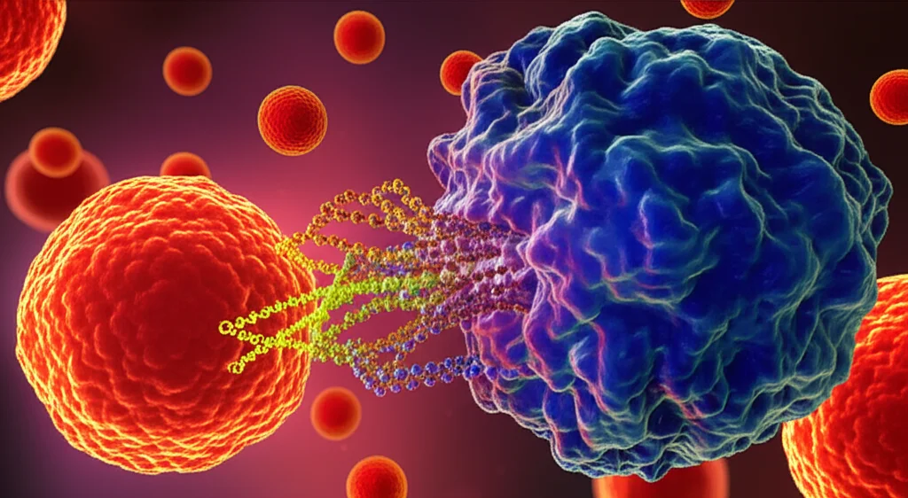 Un'immagine concettuale altamente realistica che mostra, in primo piano e con un effetto macro (lente 60mm), una molecola di paclitaxel legato all'albumina e una struttura stilizzata di un polisaccaride di Sophora subprostrate che interagiscono per neutralizzare fattori infiammatori (rappresentati come particelle rosse incandescenti) e potenziare cellule immunitarie (linfociti T e NK, luminosi e attivi) contro cellule tumorali del seno (scure e minacciose) in un microambiente stilizzato. Illuminazione drammatica e controllata, alta definizione, focus preciso sull'interazione molecolare e cellulare.