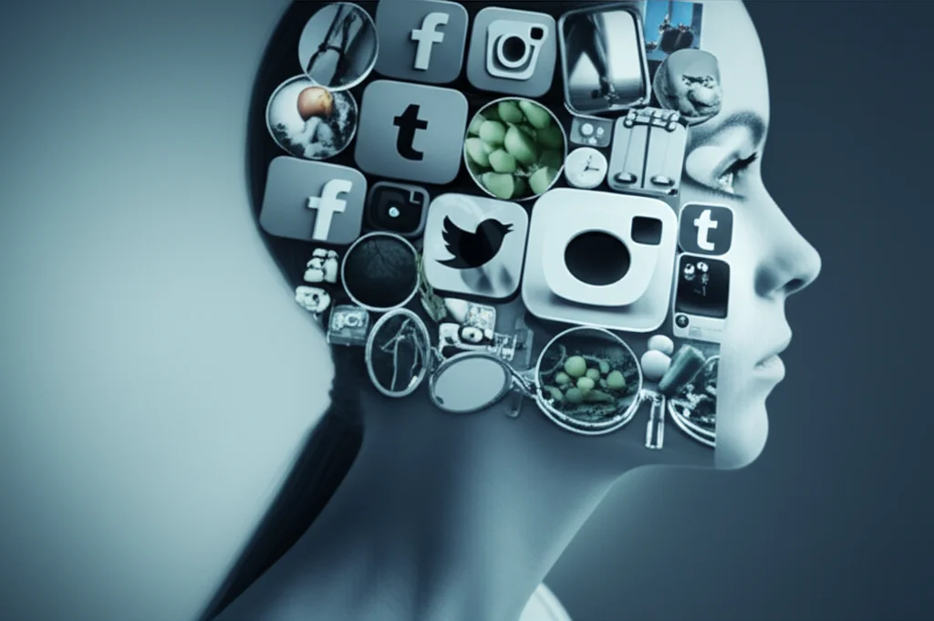 Un'immagine concettuale che mostra il profilo di una donna. All'interno della sua testa, un collage di immagini di social media, cibi sani, bilance e specchi. L'illuminazione è soffusa e artistica, con un leggero effetto duotone blu e grigio. Obiettivo da 24mm per un effetto leggermente distorto e ampio, che simboleggia la confusione.