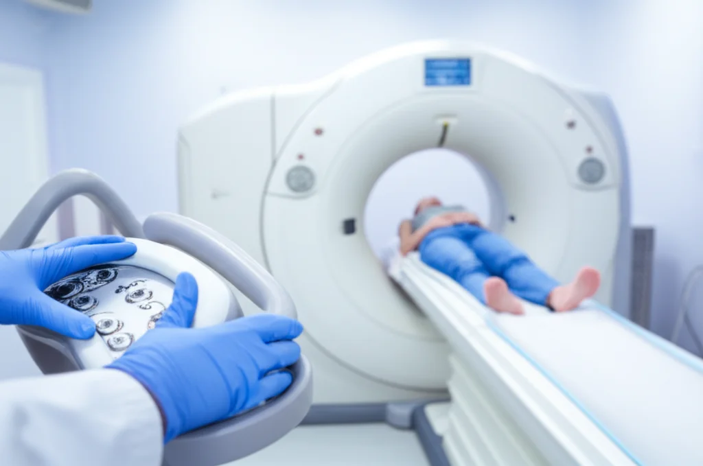 Un'immagine fotorealistica di un avanzato scanner TAC a doppia energia (DECT) in una sala ospedaliera moderna e luminosa. In primo piano, le mani guantate di un tecnico o di un medico che interagiscono delicatamente con il pannello di controllo dello scanner. Sullo sfondo, si intravede un paziente sdraiato che sta per entrare nello scanner. L'atmosfera è di alta tecnologia e cura. Dettagli: Prime lens, 50mm, profondità di campo per mettere a fuoco le mani e il pannello, con lo scanner e il paziente leggermente sfocati sullo sfondo, illuminazione clinica brillante ma non dura.