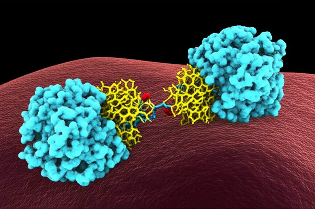 Visualizzazione artistica 3D di una molecola di Clofoctol che si lega a una proteina RanBP2 sulla superficie di una cellula staminale del cancro gastrico, con effetti di luce che ne evidenziano l'interazione. Obiettivo macro 100mm, illuminazione drammatica, alto dettaglio molecolare, sfondo scuro per enfatizzare il legame.