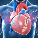 Visualizzazione artistica di un cuore umano con valvole cardiache infette, circondato da grafici di dati globali. Obiettivo macro, 100mm, alta definizione, illuminazione drammatica per evidenziare l'infezione.