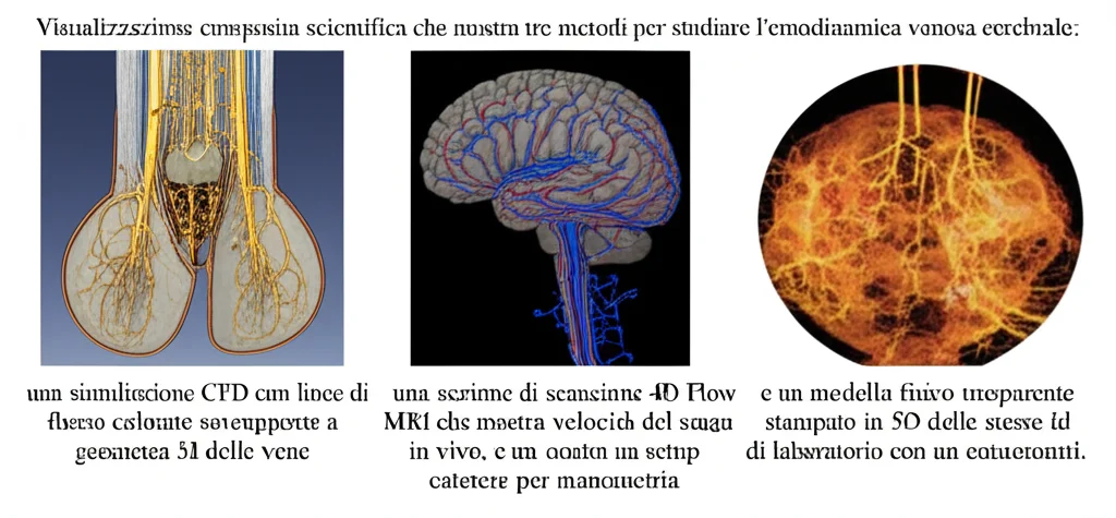 Visualizzazione composita scientifica che mostra tre metodi per studiare l'emodinamica venosa cerebrale: una simulazione CFD con linee di flusso colorate sovrapposte a una geometria 3D delle vene, una sezione di scansione 4D Flow MRI che mostra velocità del sangue in vivo, e un modello fisico trasparente stampato in 3D delle stesse vene in un setup di laboratorio con un catetere per manometria. Obiettivo 35mm, profondità di campo, illuminazione high-tech che evidenzia i dettagli.