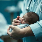A 35mm portrait, blue and grey duotones, showing a healthcare worker gently holding a newborn baby in a clinic setting in Afghanistan. Depth of field focuses on the baby and hands, conveying care and vulnerability.