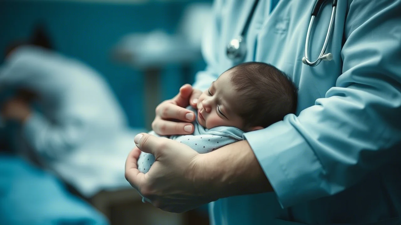 A 35mm portrait, blue and grey duotones, showing a healthcare worker gently holding a newborn baby in a clinic setting in Afghanistan. Depth of field focuses on the baby and hands, conveying care and vulnerability.