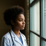 A thoughtful medical student looking out a window, symbolizing introspection on complex emotions, 35mm portrait, depth of field