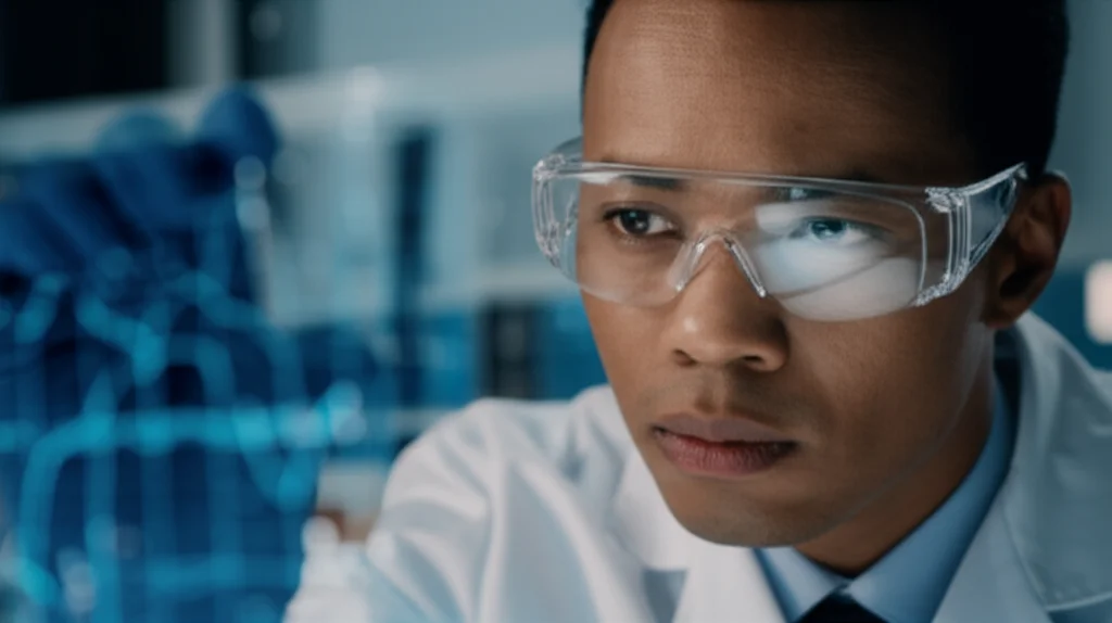 Close-up of a scientist analyzing complex biological data on a screen, depth of field, 35mm portrait lens, controlled lighting