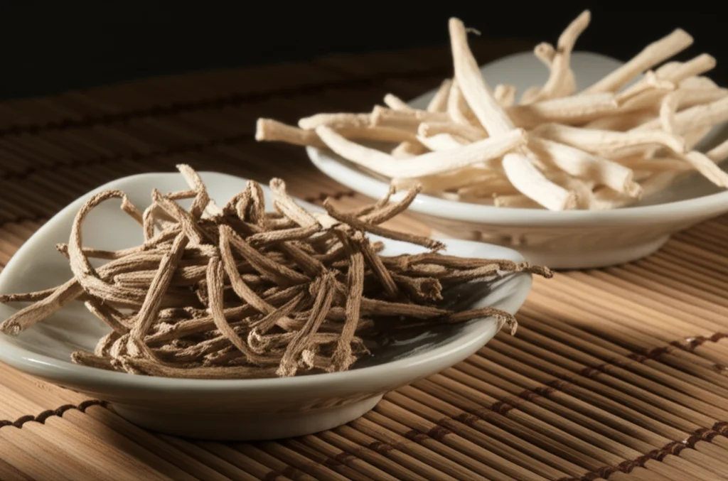 Due ciotoline di porcellana bianca contenenti rispettivamente la Radice di Bupleurum essiccata e la Radice di Paeonia Alba essiccata, disposte elegantemente su uno sfondo di bambù scuro. Luce soffusa laterale che ne esalta le texture. Macro lens, 80mm, high detail, precise focusing, controlled lighting.