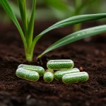 Fotografia macro di capsule di idrogel traslucide contenenti batteri PGPB, posate su un letto di compost fertile, con una giovane pianta di avena (Avena sativa) sana e verde sullo sfondo sfocato. Obiettivo macro 105mm, alta definizione, illuminazione da studio controllata che esalta la texture del compost e la trasparenza delle capsule, simboleggiando l'innovazione agricola sostenibile.