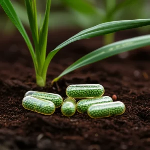 Fotografia macro di capsule di idrogel traslucide contenenti batteri PGPB, posate su un letto di compost fertile, con una giovane pianta di avena (Avena sativa) sana e verde sullo sfondo sfocato. Obiettivo macro 105mm, alta definizione, illuminazione da studio controllata che esalta la texture del compost e la trasparenza delle capsule, simboleggiando l'innovazione agricola sostenibile.