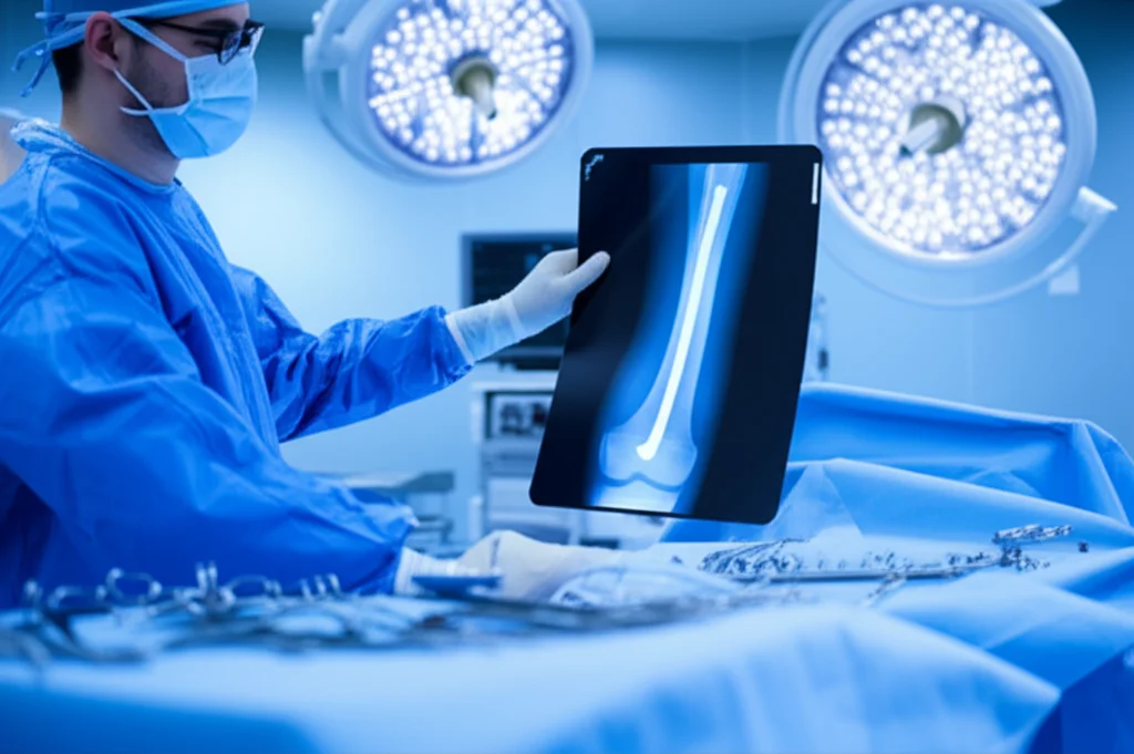 Fotografia realistica di una sala operatoria high-tech, focus su un chirurgo ortopedico che esamina una radiografia di una tibia distale con pseudoartrosi, con un chiodo endomidollare retrogrado visibile su un tavolo sterile. Obiettivo prime 35mm, profondità di campo, illuminazione drammatica con toni blu e grigi per un'atmosfera seria ma speranzosa.