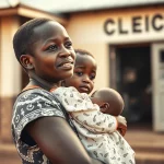 Fotografia ritratto toccante di una madre ugandese che tiene in braccio il suo bambino piccolo, guardando con speranza verso il futuro fuori da una clinica sanitaria. Obiettivo da 35mm, luce naturale calda del tardo pomeriggio, profondità di campo che sfoca leggermente lo sfondo della clinica, bianco e nero con alto contrasto (film noir style).