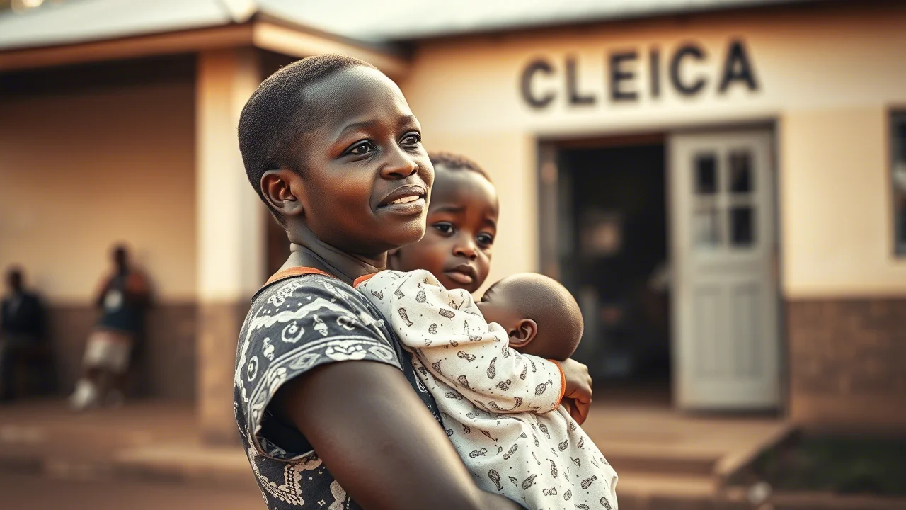 Fotografia ritratto toccante di una madre ugandese che tiene in braccio il suo bambino piccolo, guardando con speranza verso il futuro fuori da una clinica sanitaria. Obiettivo da 35mm, luce naturale calda del tardo pomeriggio, profondità di campo che sfoca leggermente lo sfondo della clinica, bianco e nero con alto contrasto (film noir style).