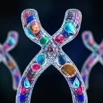 Illustrazione concettuale di un cromosoma umano con evidenziati i siti di integrazione dei retrovirus endogeni HERV-K HML-2. Wide-angle, 15mm, sharp focus, con colori brillanti per distinguere gli elementi virali dal genoma ospite, suggerendo una mappa dettagliata.