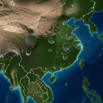 Immagine concettuale fotorealistica: una mappa stilizzata della Cina con gocce d'acqua che cadono selettivamente su aree industriali e agricole, simboleggiando strategie mirate di risparmio idrico. Obiettivo 50mm, profondità di campo che sfoca lo sfondo, illuminazione drammatica laterale, colori duotone blu e terra per enfatizzare la scarsità e la soluzione.