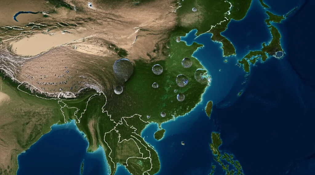Immagine concettuale fotorealistica: una mappa stilizzata della Cina con gocce d'acqua che cadono selettivamente su aree industriali e agricole, simboleggiando strategie mirate di risparmio idrico. Obiettivo 50mm, profondità di campo che sfoca lo sfondo, illuminazione drammatica laterale, colori duotone blu e terra per enfatizzare la scarsità e la soluzione.