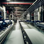 Immagine fotorealistica di una complessa rete di tubature idriche illuminate parzialmente, con un flusso d'acqua visibile e pulito al centro, suggerendo efficienza e controllo. Utilizzo di un obiettivo 35mm con profondità di campo per sfocare leggermente lo sfondo e concentrarsi sulla sezione centrale della rete, illuminazione drammatica.
