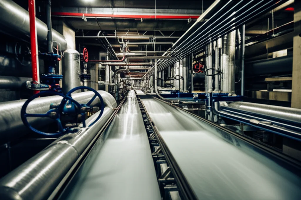 Immagine fotorealistica di una complessa rete di tubature idriche illuminate parzialmente, con un flusso d'acqua visibile e pulito al centro, suggerendo efficienza e controllo. Utilizzo di un obiettivo 35mm con profondità di campo per sfocare leggermente lo sfondo e concentrarsi sulla sezione centrale della rete, illuminazione drammatica.