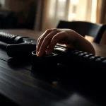 Immagine simbolica e toccante: la mano piccola di un bambino che sfiora un'arma da fuoco lasciata incustodita su un tavolo di legno scuro in una casa, luce drammatica laterale che crea lunghe ombre, obiettivo macro 90mm, alta definizione dei dettagli, messa a fuoco selettiva sulla mano e parte dell'arma, sfondo sfocato.