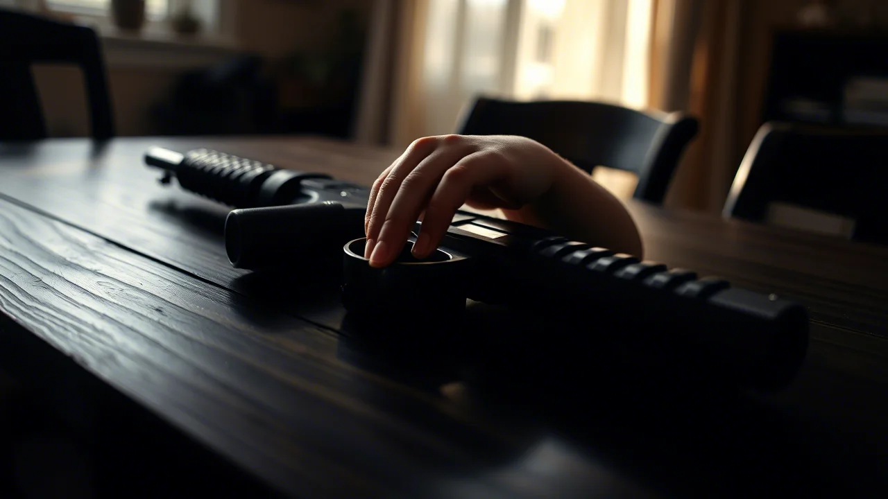 Immagine simbolica e toccante: la mano piccola di un bambino che sfiora un'arma da fuoco lasciata incustodita su un tavolo di legno scuro in una casa, luce drammatica laterale che crea lunghe ombre, obiettivo macro 90mm, alta definizione dei dettagli, messa a fuoco selettiva sulla mano e parte dell'arma, sfondo sfocato.