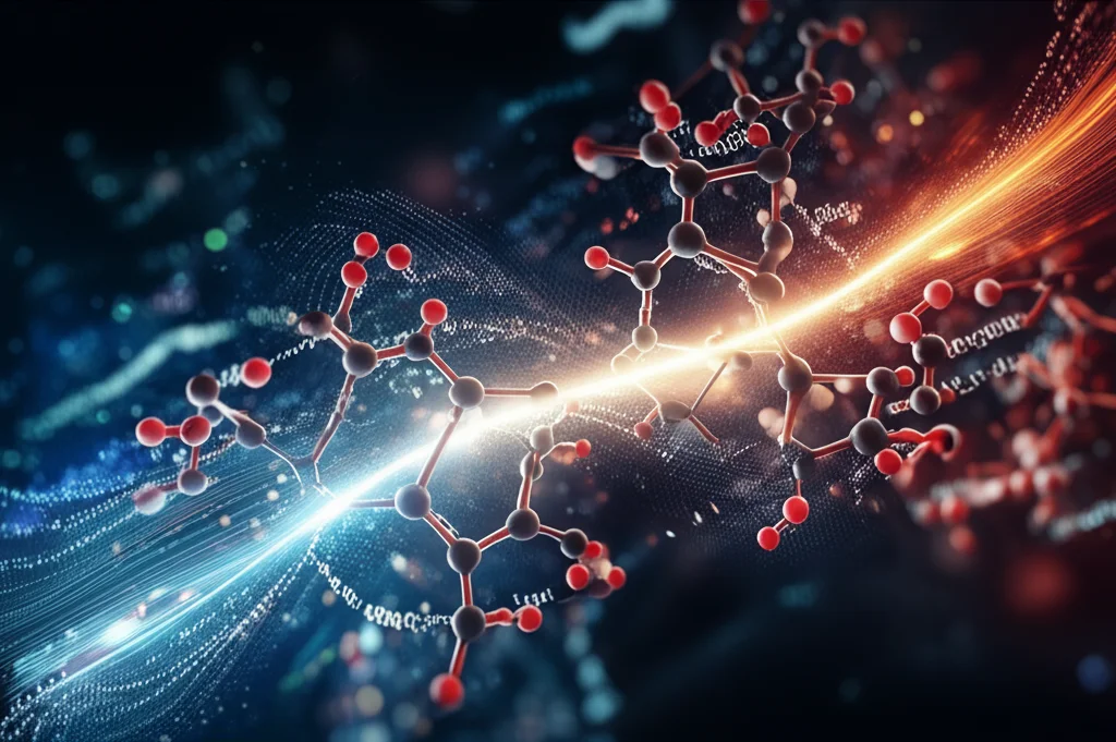Macro lens, 60mm, high detail shot of complex molecular structures intertwined with abstract data streams, controlled lighting, representing the intricate challenge of drug design.
