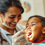 Un operatore sanitario non dentale sorridente mentre esamina delicatamente la bocca di un bambino indigeno in un ambiente clinico accogliente e luminoso, trasmettendo fiducia e cura. Prime lens, 35mm, depth of field, colori caldi e naturali.
