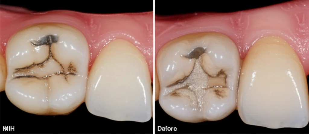 Un'immagine composita che mostra a sinistra un molare con MIH prima del trattamento e a destra lo stesso molare dopo un restauro con cemento vetroionomero rinforzato con zirconia, evidenziando il miglioramento estetico e funzionale. Illuminazione da studio, obiettivo macro 60mm, alta definizione.