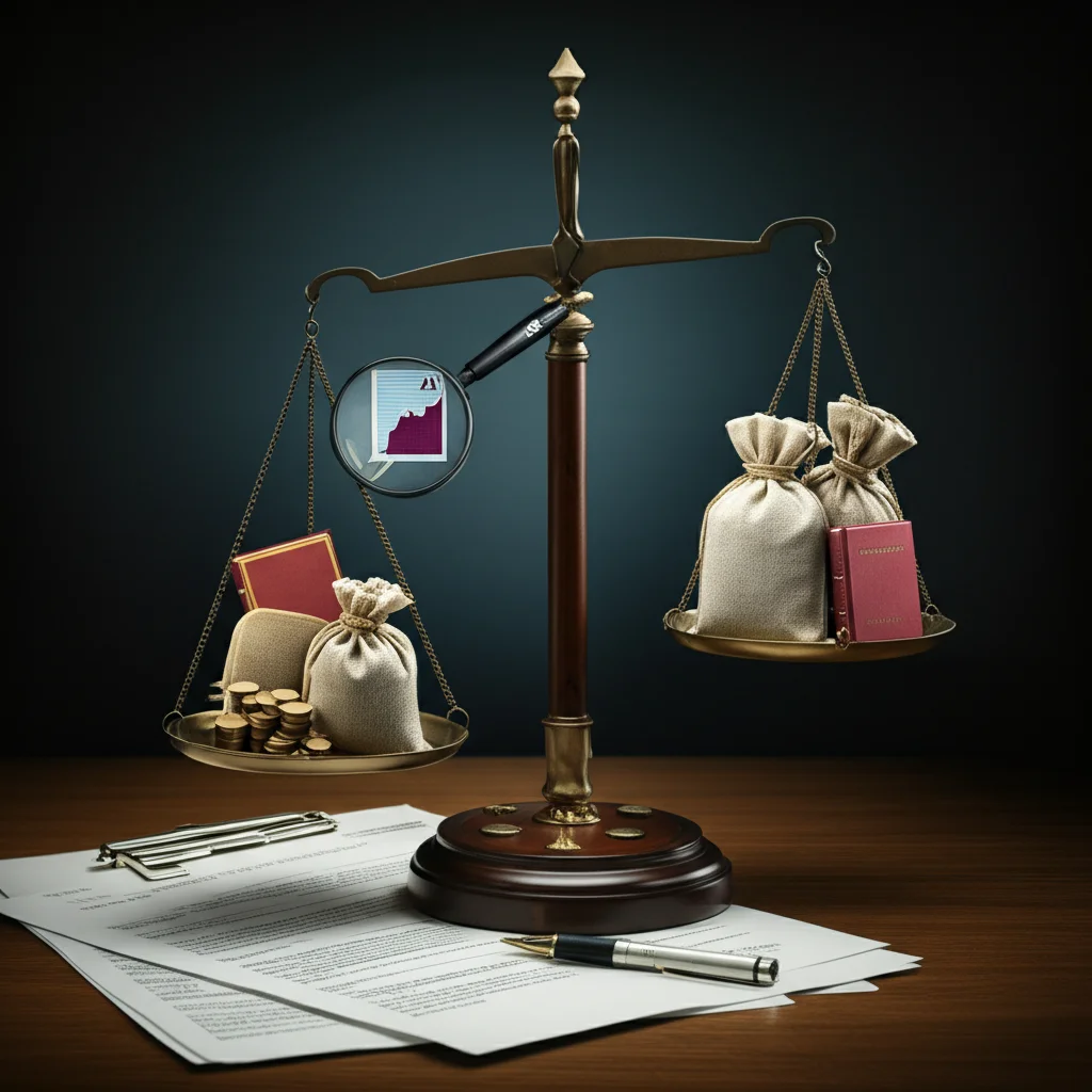 Un'immagine concettuale che rappresenta il processo decisionale per il rimborso dei farmaci in Spagna: una bilancia antica ma precisa, con da un lato documenti scientifici dettagliati e grafici (simbolo dell'HTA) e dall'altro sacchetti di monete e un piccolo libro di leggi (simbolo dei criteri economici e politici). Una lente d'ingrandimento è sospesa sopra la bilancia, esaminandone attentamente l'equilibrio. Illuminazione da studio drammatica con luci laterali per enfatizzare le texture, obiettivo macro 85mm per un forte dettaglio sulla bilancia e sui documenti, sfondo scuro per concentrare l'attenzione.