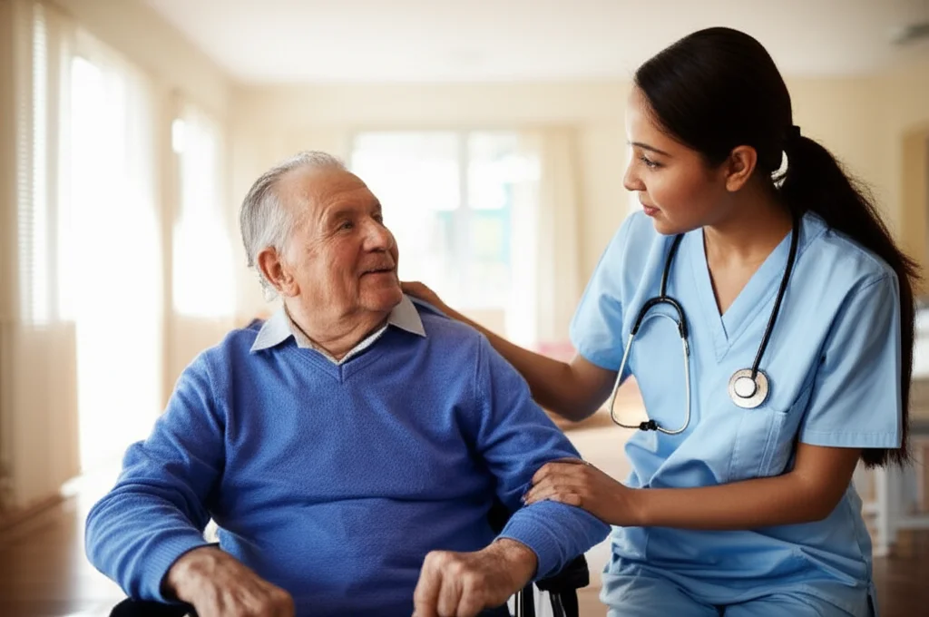 Un'immagine toccante e realistica di un'infermiera che assiste con cura un paziente anziano in una stanza luminosa di una struttura di soggiorno temporaneo. Obiettivo da ritratto 50mm, profondità di campo per mettere a fuoco l'interazione, luce naturale che crea un'atmosfera calda e rassicurante.