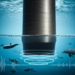 A photorealistic image of a large offshore wind turbine foundation pile being driven into the seabed, with a subtle, textured surface visible underwater. Below the surface, marine life (like fish or dolphins) are shown reacting to the noise, with abstract sound waves depicted emanating from the pile. Use a wide-angle lens, 24mm, showing the scale of the pile and the underwater environment.