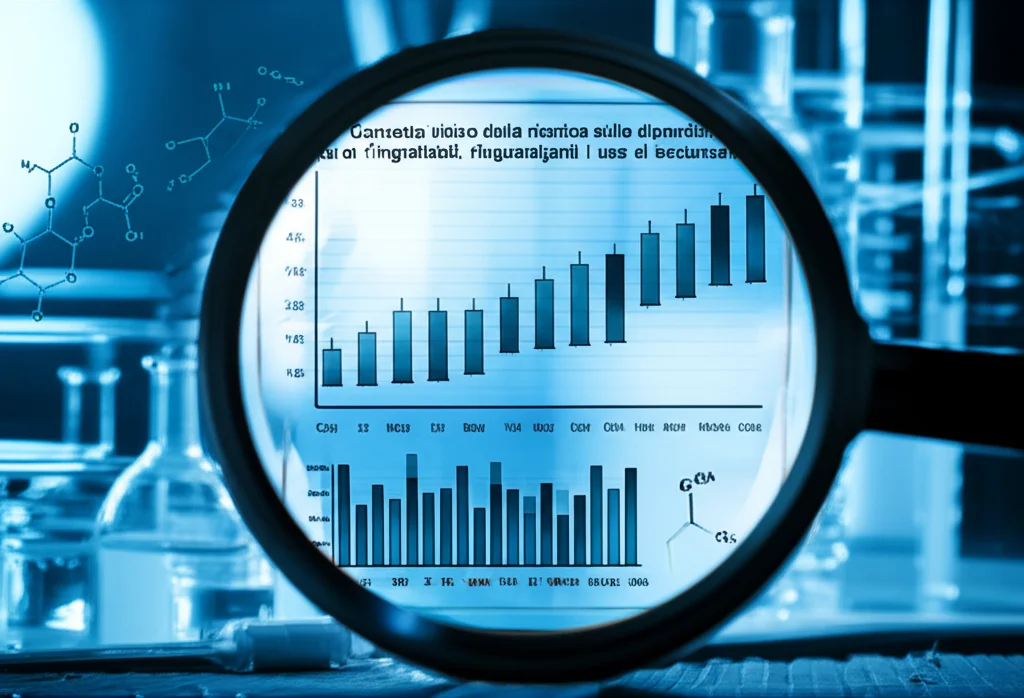 Concetto visivo della ricerca sulle dipendenze: una lente d'ingrandimento focalizzata su dati statistici riguardanti l'uso di sostanze, con grafici e molecole chimiche stilizzate sullo sfondo, illuminazione da laboratorio, alta definizione, lente prime 50mm.